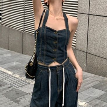デニムセットアップ デニムビスチェ×ワイドパンツセット