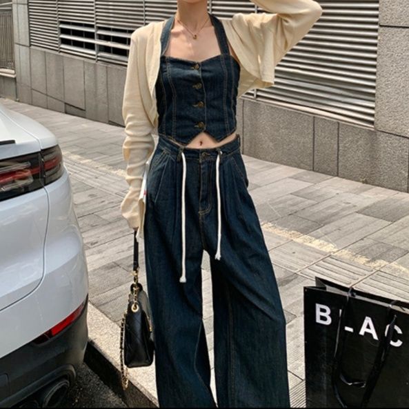 デニムセットアップ デニムビスチェ×ワイドパンツセット