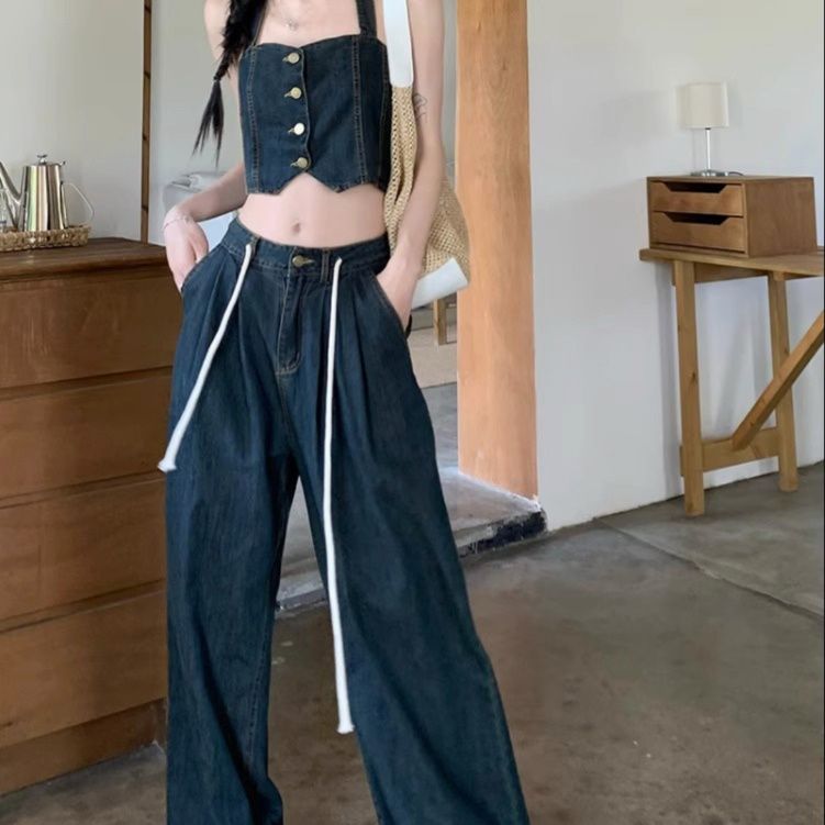 デニムセットアップ ビスチェ風トップス ゆったりパンツ 上下組