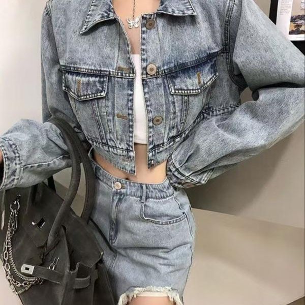 デニムセットアップ クロップド丈デニムジャケット＆裾切りっぱなしスカート