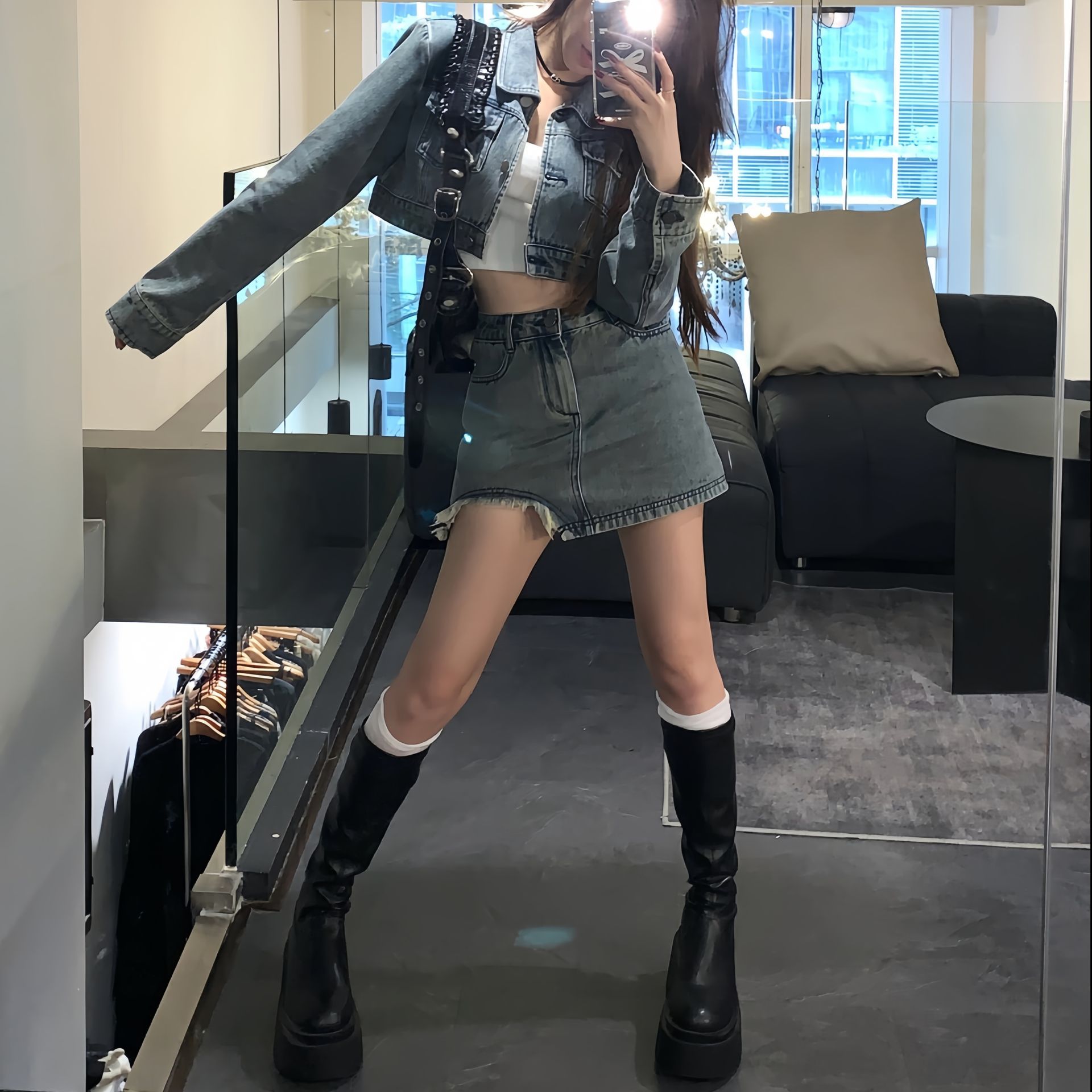 デニムセットアップ 裾カットデザインスカートデニムセット