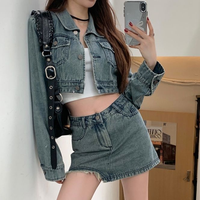 デニムセットアップ 裾カットデザインスカートデニムセット