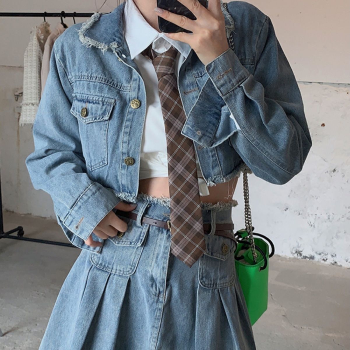 デニムセットアップ クロップド丈デニム制服風セットアップ