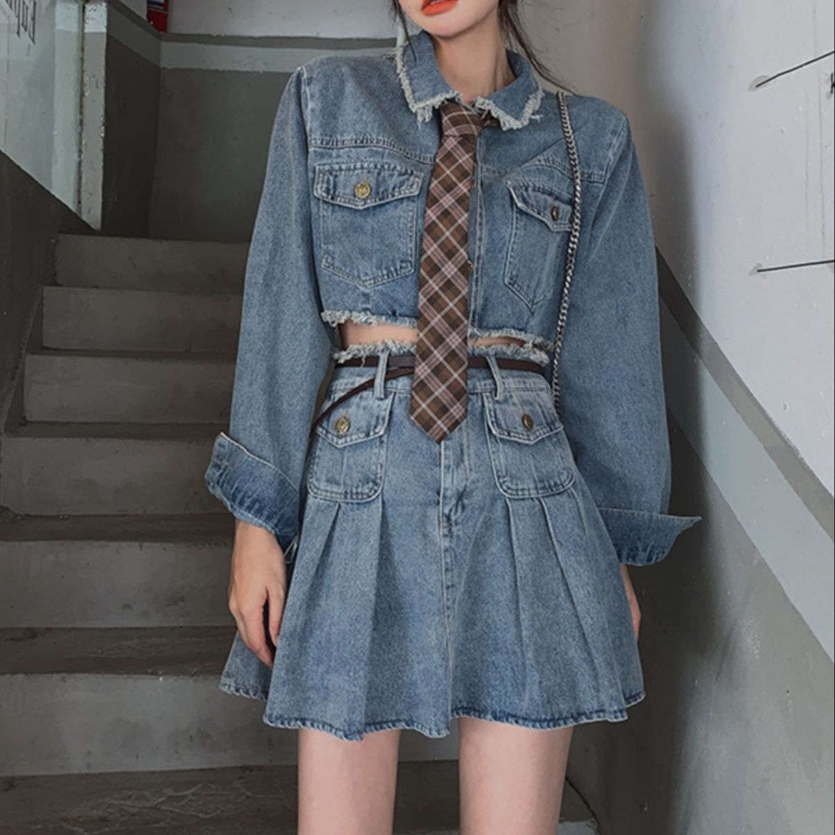 デニムセットアップ クロップド丈デニム制服風セットアップ