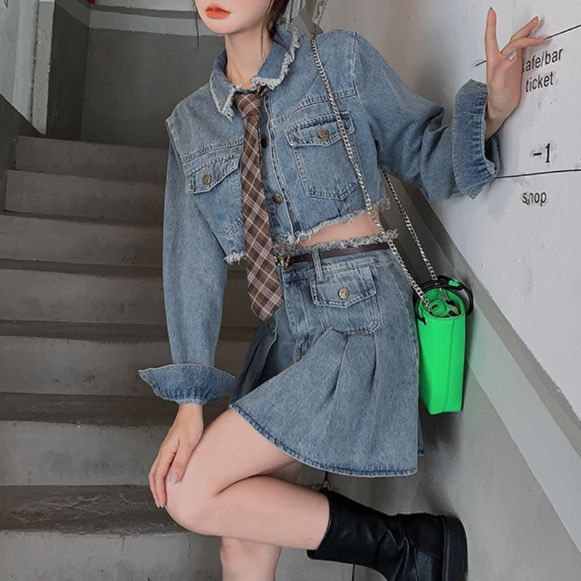 デニムセットアップ クロップド丈デニム制服風セットアップ