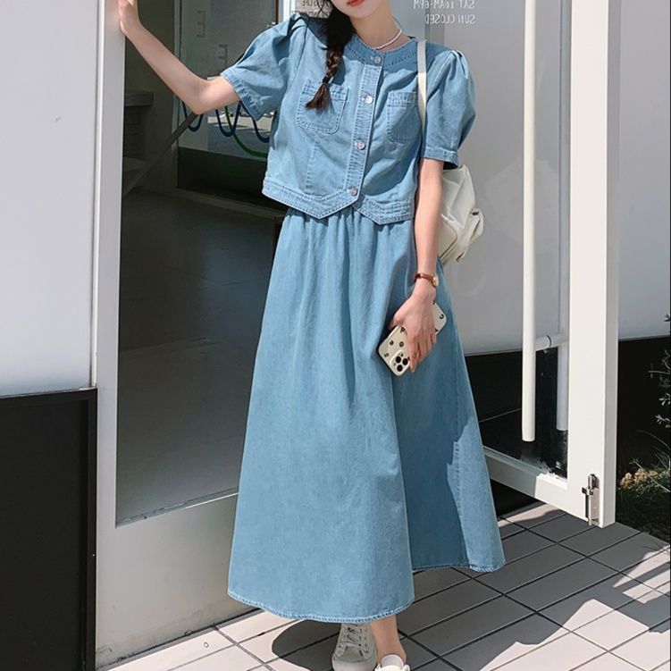 デニムセットアップ　パフスリーブ春夏デニムセットアップ