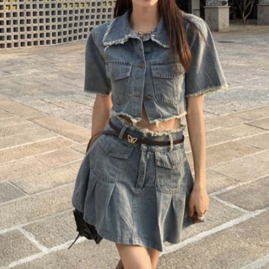 デニムセットアップ フリンジ仕立て デニム二点セット