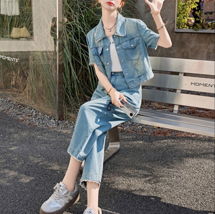 デニムセットアップ 半袖ジージャンとワイドパンツの上下セット