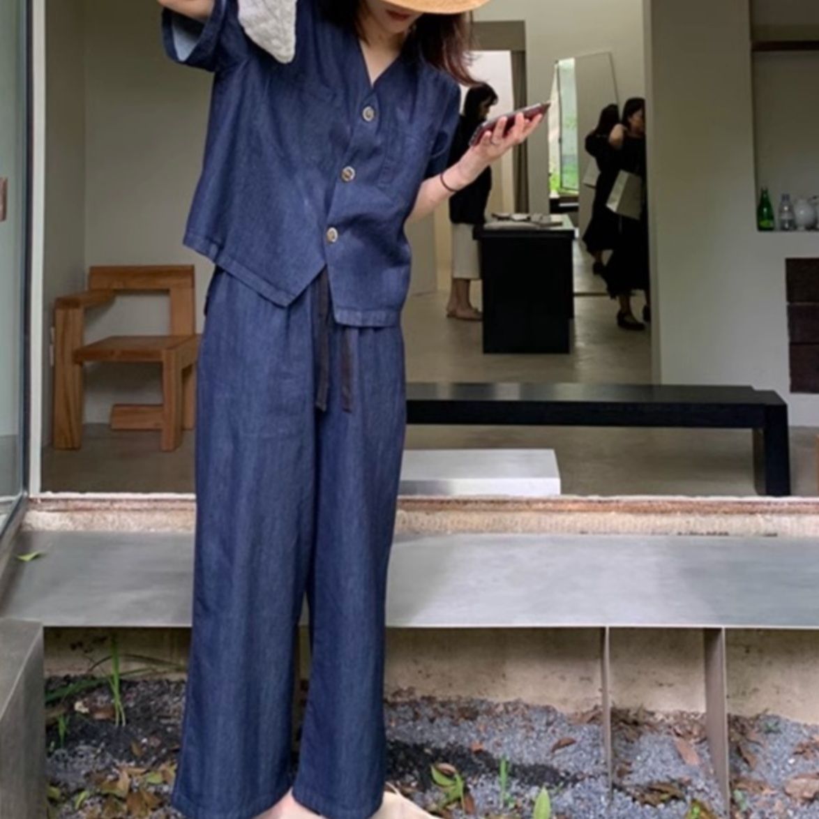 デニムセットアップ 涼やか麻混デニム風上下セット