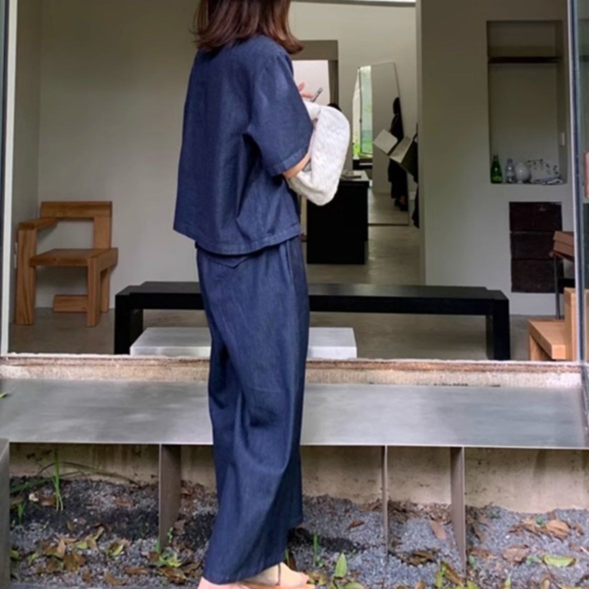 デニムセットアップ 涼やか麻混デニム風上下セット