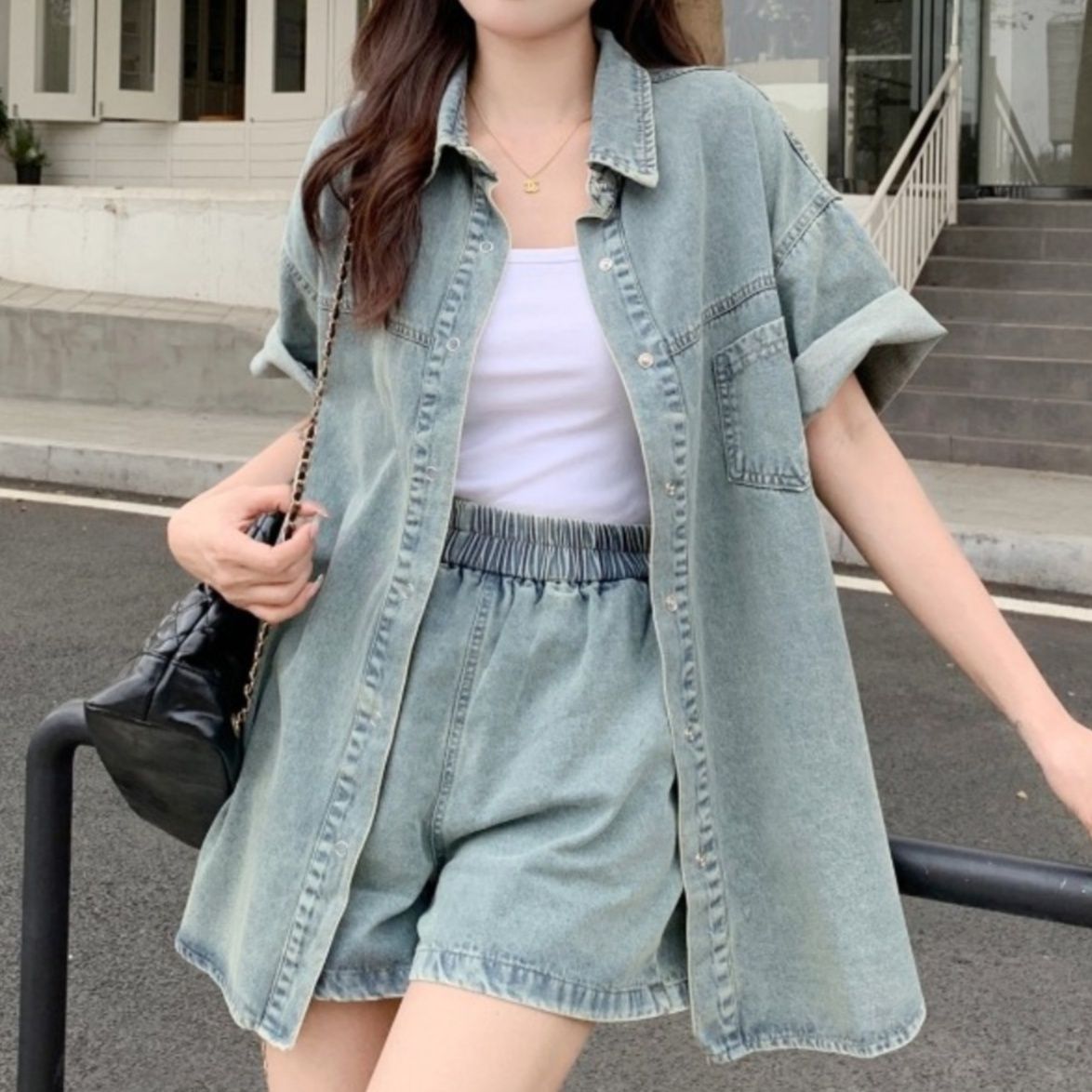 デニムセットアップ ゆったりデニムシャツセットアップ