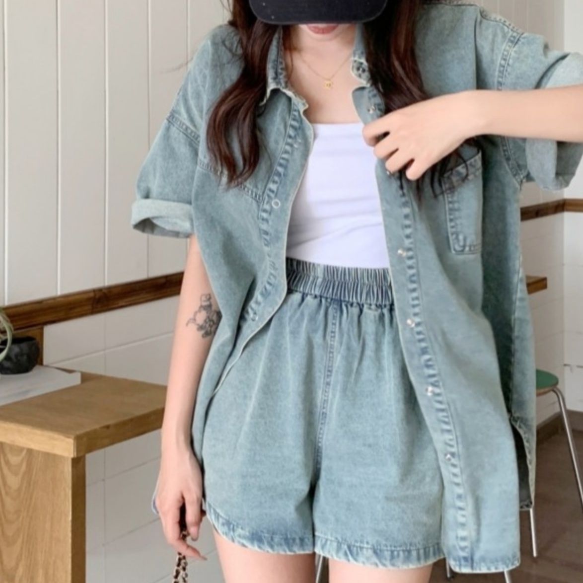 デニムセットアップ ゆったりデニムシャツセットアップ