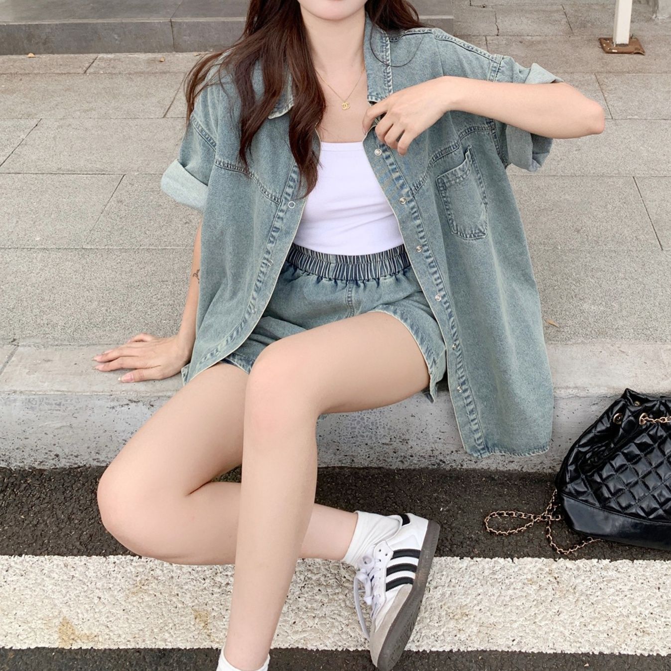 デニムセットアップ ゆったりデニムシャツセットアップ