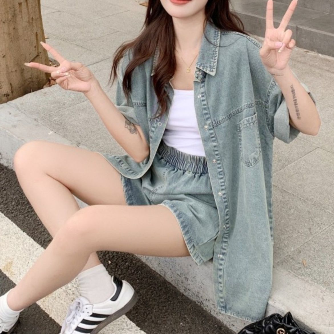 デニムセットアップ ゆったりデニムシャツセットアップ