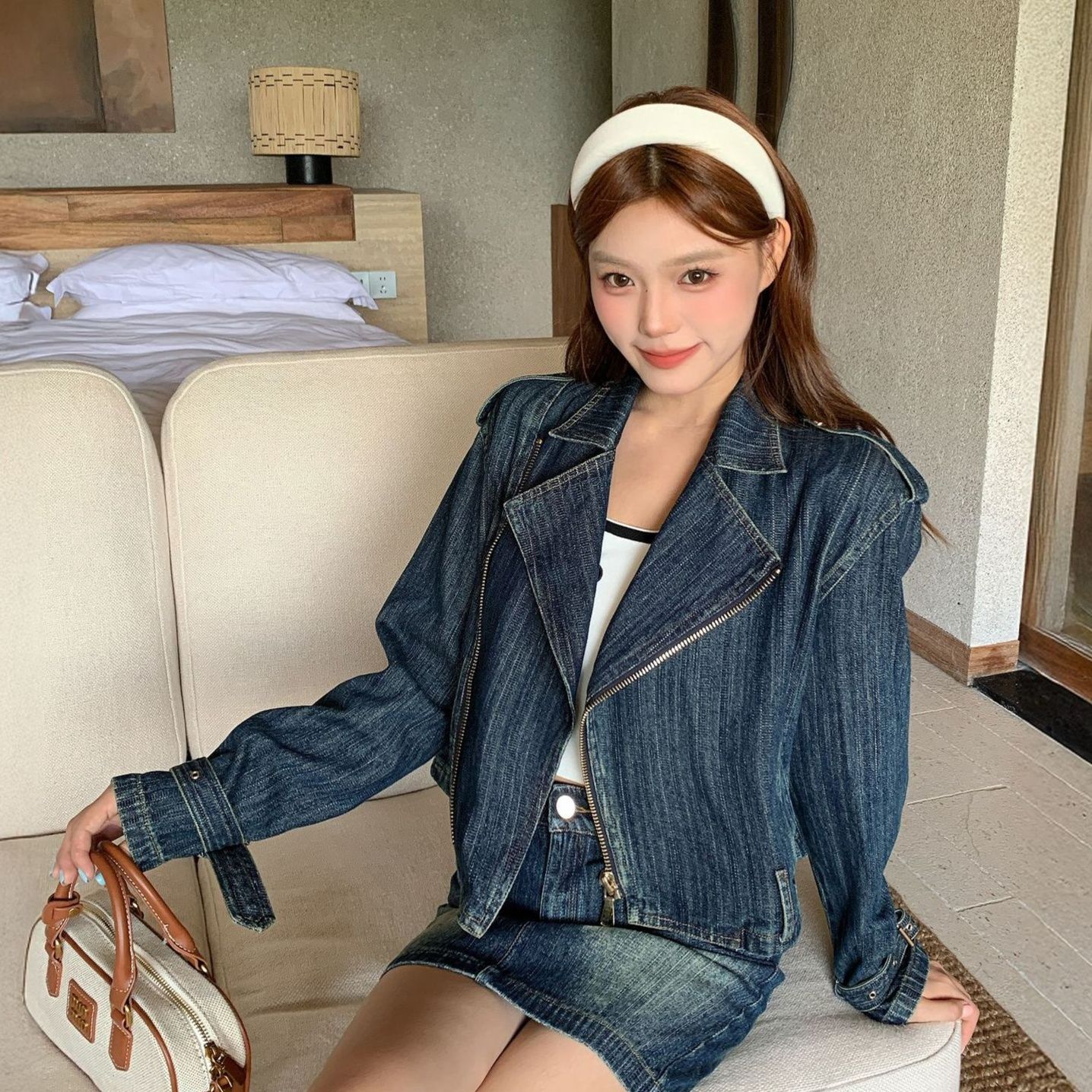 デニムセットアップ 大人可愛いライダース風デニムジャケット×ミニスカートセット