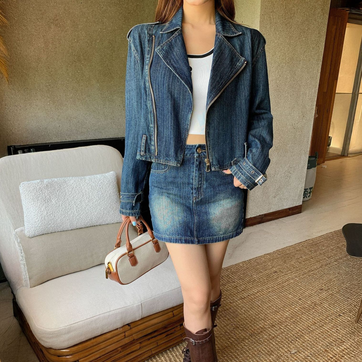 デニムセットアップ 大人可愛いライダース風デニムジャケット×ミニスカートセット