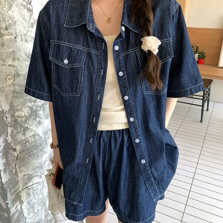 デニムセットアップ ゆったりデニムシャツとショートパンツセット