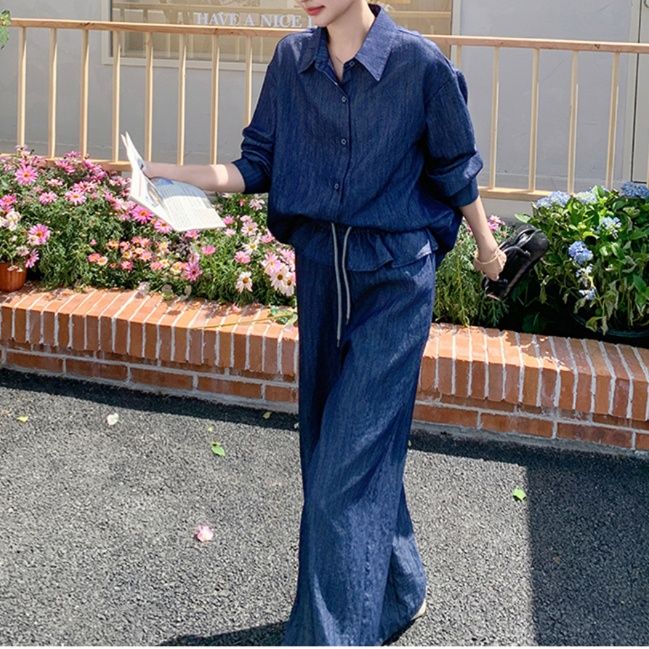 デニムセットアップ ゆったり大人風デニム調シャツセットアップ