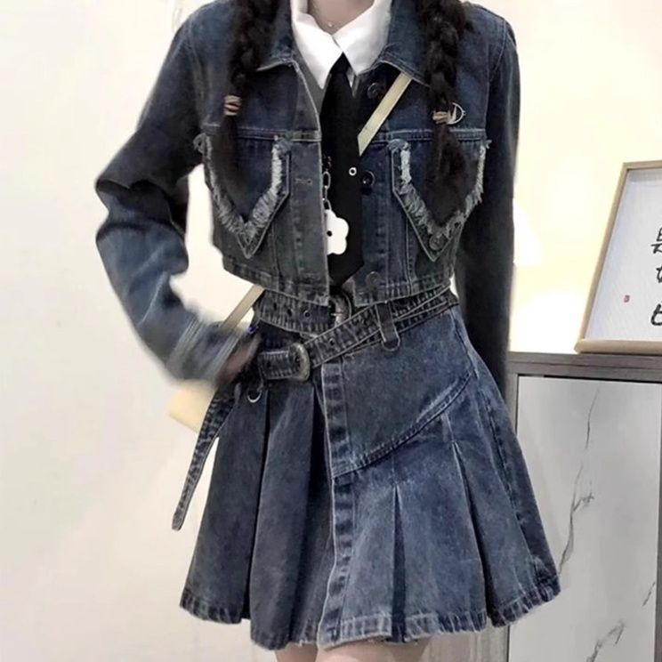 デニムセットアップ クロップド丈デニムジャケット＆プリーツスカートセット