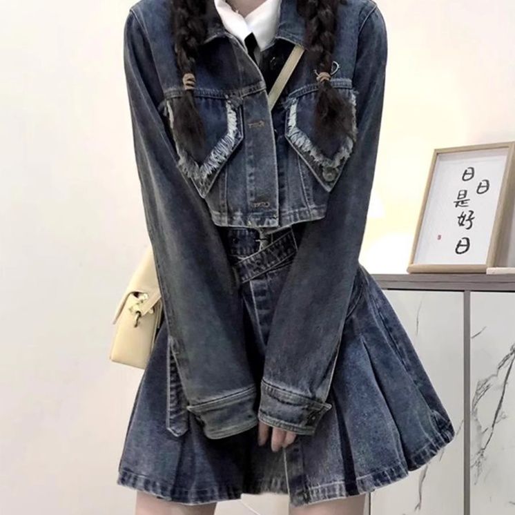 デニムセットアップ クロップド丈デニムジャケット＆プリーツスカートセット
