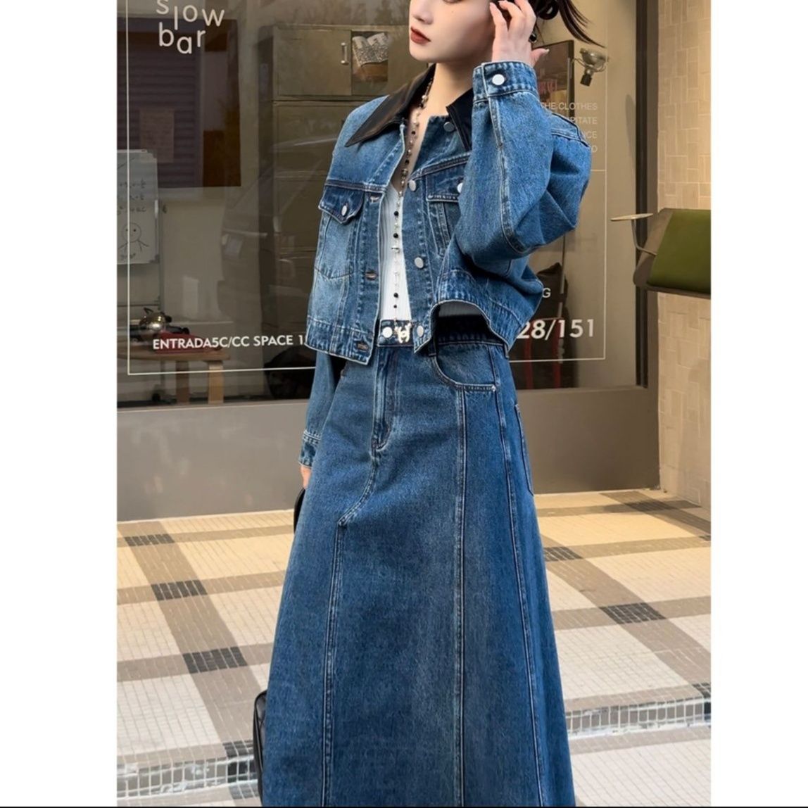 デニムセットアップ クロップド丈ジャケット&ロングスカート上下セット