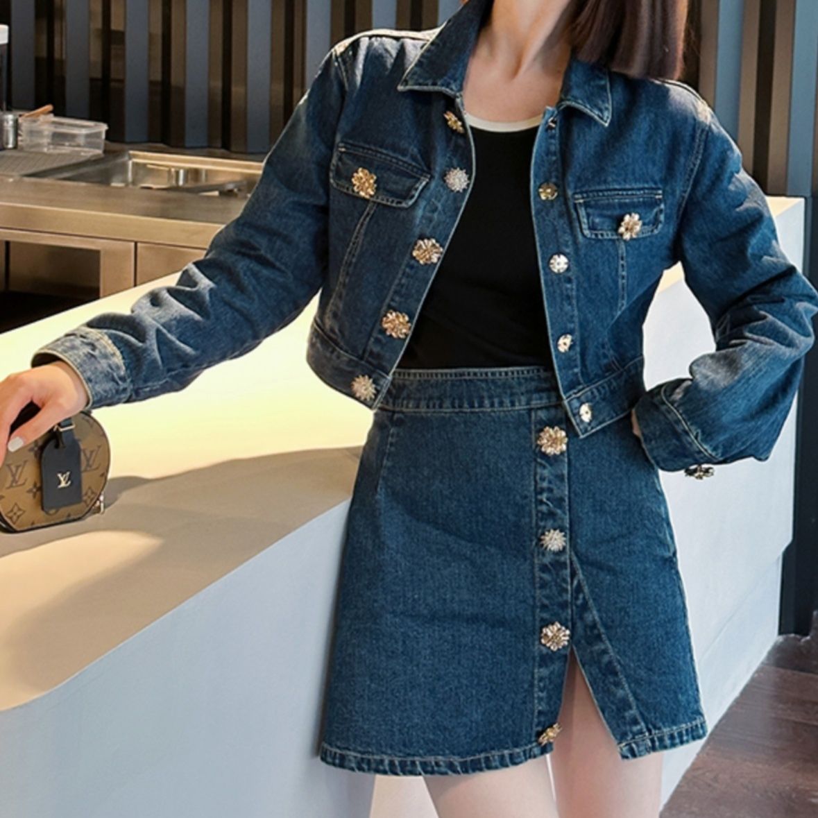 デニムセットアップ 花モチーフボタン デニムセットアップ