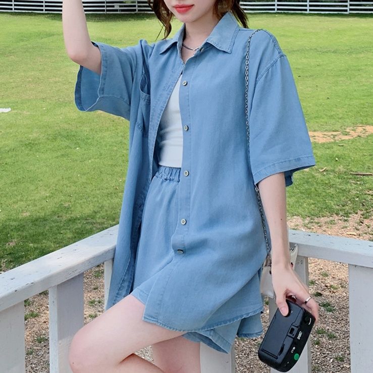 デニムセットアップ ゆったり五分袖デニムセットアップ