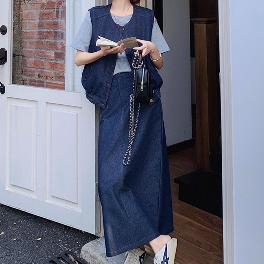 デニムセットアップ ゆったりベストロングスカートセット