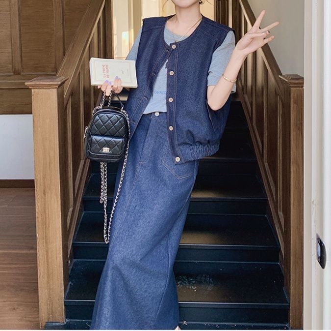 デニムセットアップ ゆったりベストロングスカートセット