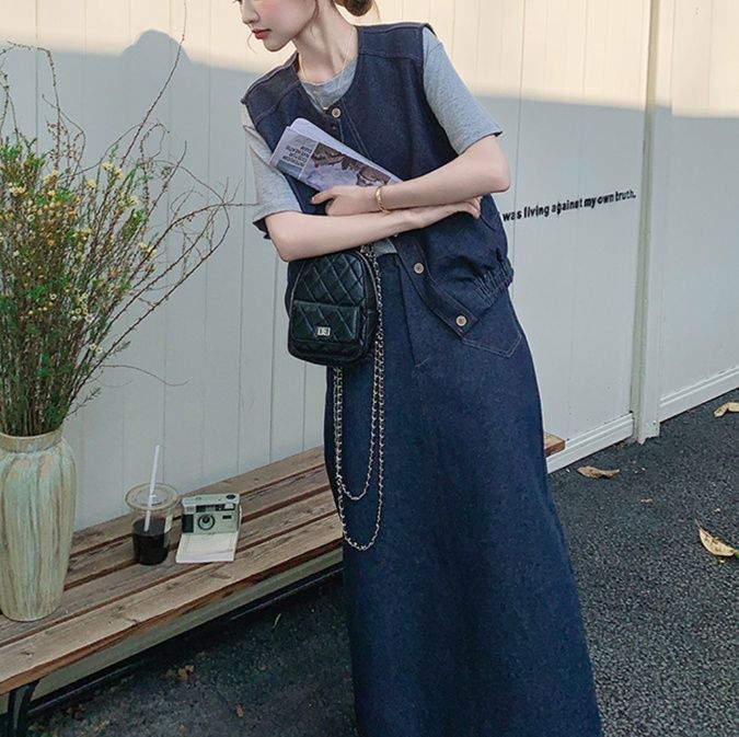 デニムセットアップ ゆったりベストロングスカートセット