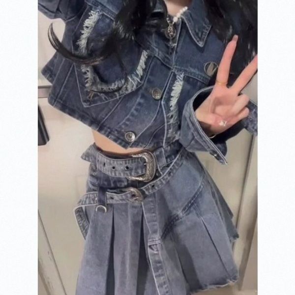 デニムセットアップ フリンジ加工クロップドジャケットスカート