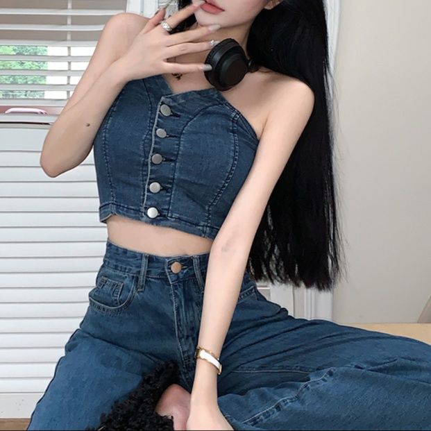 デニムセットアップ フロントボタン美シルエットビスチェセット