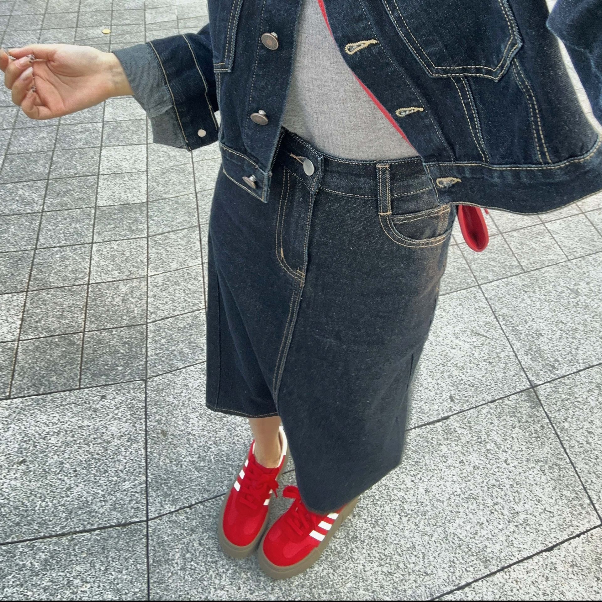 デニムセットアップ クラシックミモレ丈スカートセット