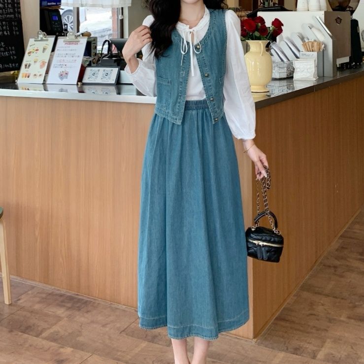 デニムセットアップ 優美なベスト付きデニムスカートセット