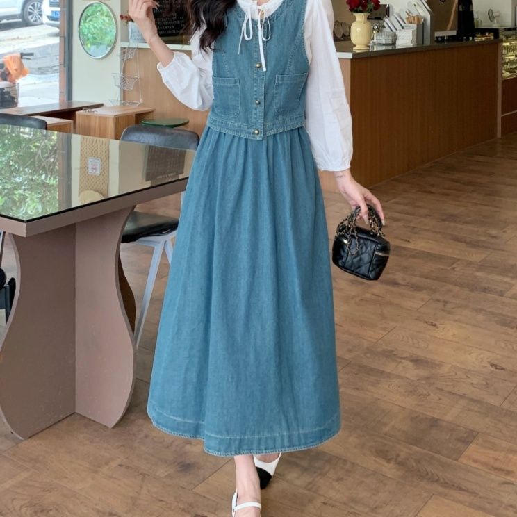 デニムセットアップ 優美なベスト付きデニムスカートセット