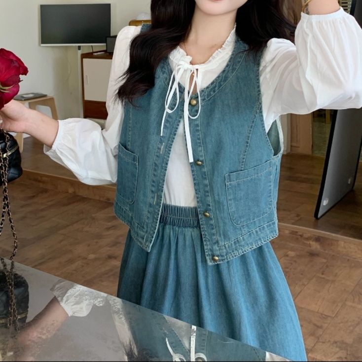 デニムセットアップ 優美なベスト付きデニムスカートセット