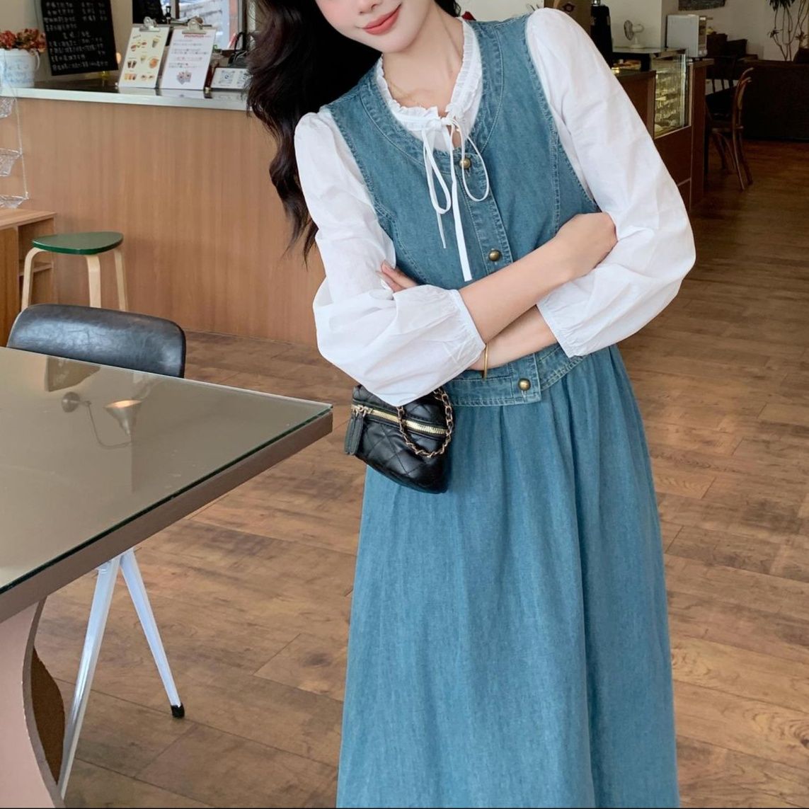 デニムセットアップ 優美なベスト付きデニムスカートセット