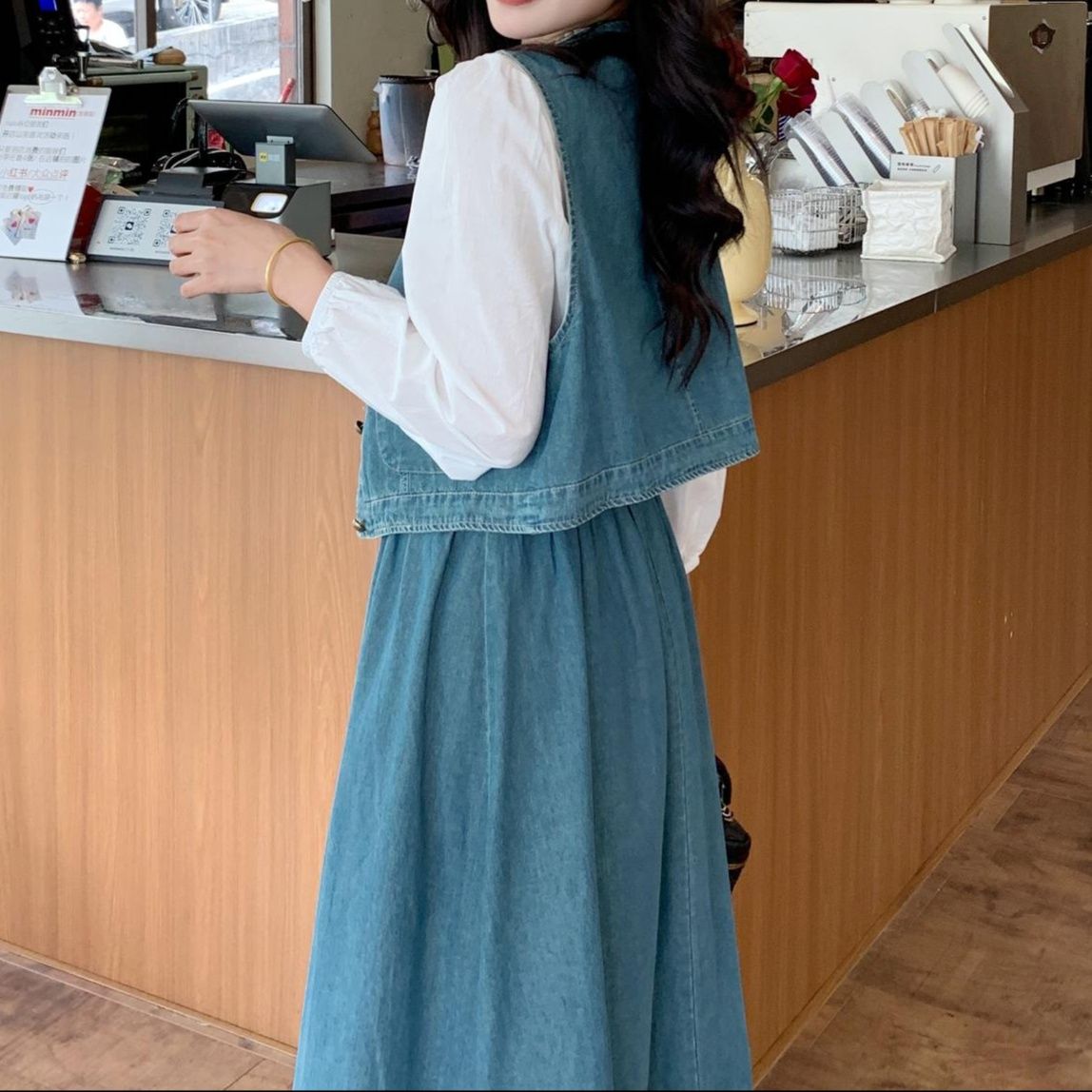 デニムセットアップ 優美なベスト付きデニムスカートセット