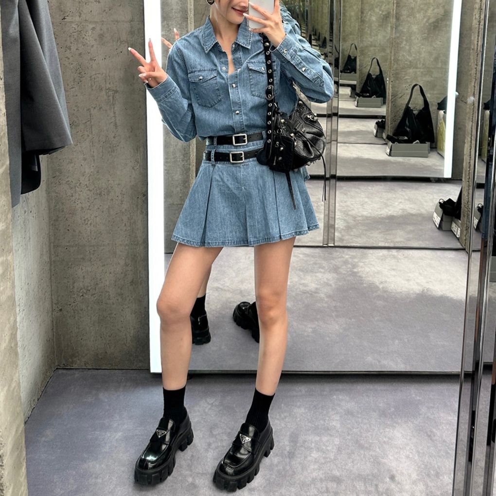 デニムセットアップ ダブルベルト プリーツミニスカートセット
