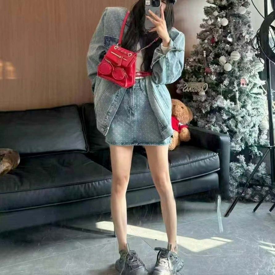 デニムセットアップ ドット柄ミニスカートデニムセット