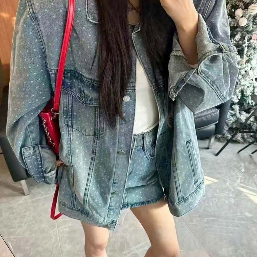 デニムセットアップ ドット柄ミニスカートデニムセット