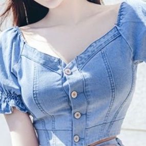 デニムセットアップ 優美パフスリーブスリットスカートセット