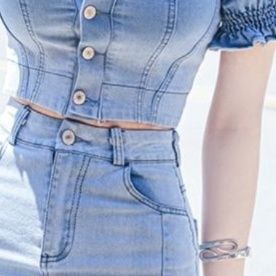 デニムセットアップ 優美パフスリーブスリットスカートセット