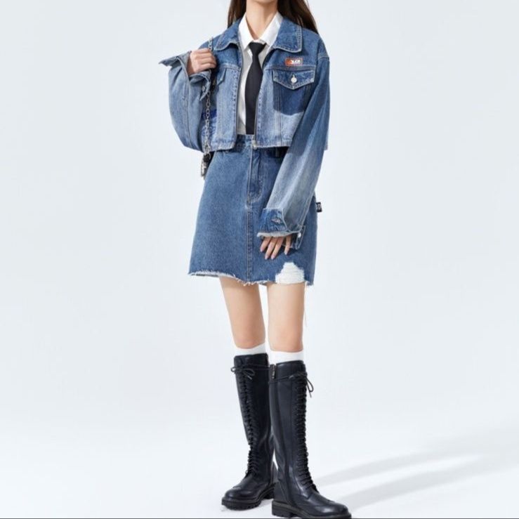 デニムセットアップ クロップドジャケット×切りっぱなしスカート