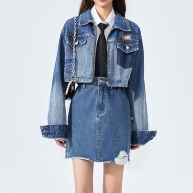 デニムセットアップ クロップドジャケット×切りっぱなしスカート
