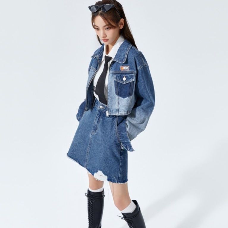 デニムセットアップ クロップドジャケット×切りっぱなしスカート