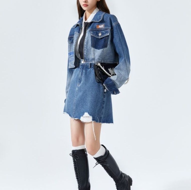 デニムセットアップ クロップドジャケット×切りっぱなしスカート