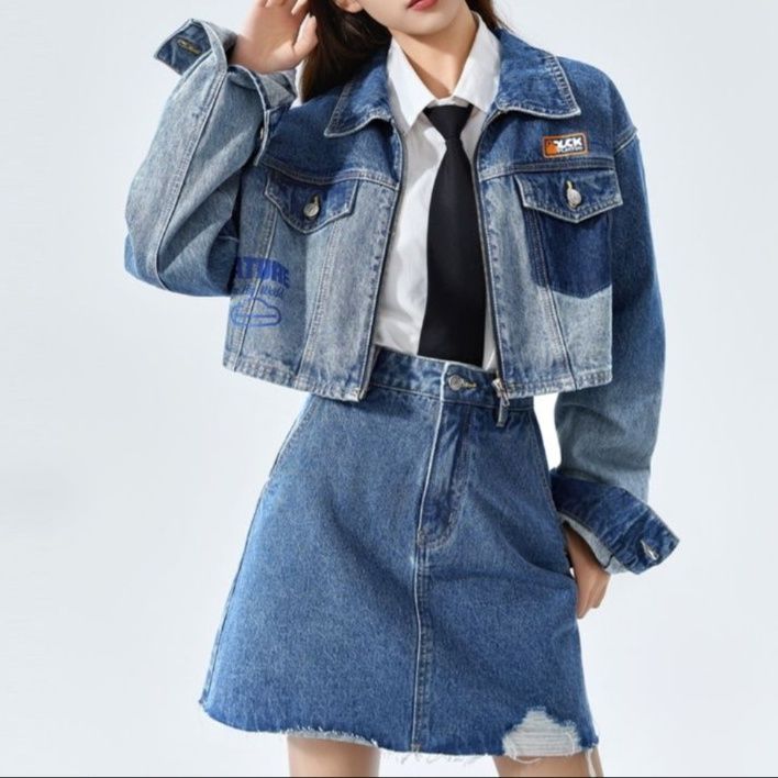 デニムセットアップ クロップドジャケット×切りっぱなしスカート
