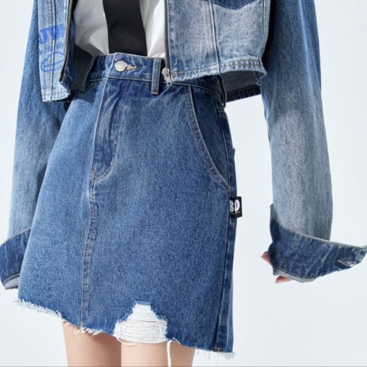 デニムセットアップ クロップドジャケット×切りっぱなしスカート
