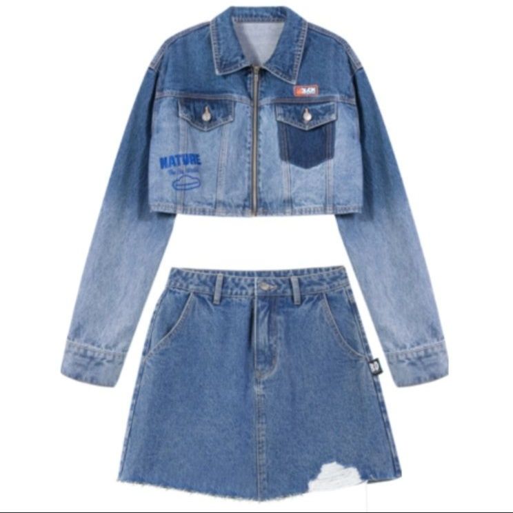 デニムセットアップ クロップドジャケット×切りっぱなしスカート